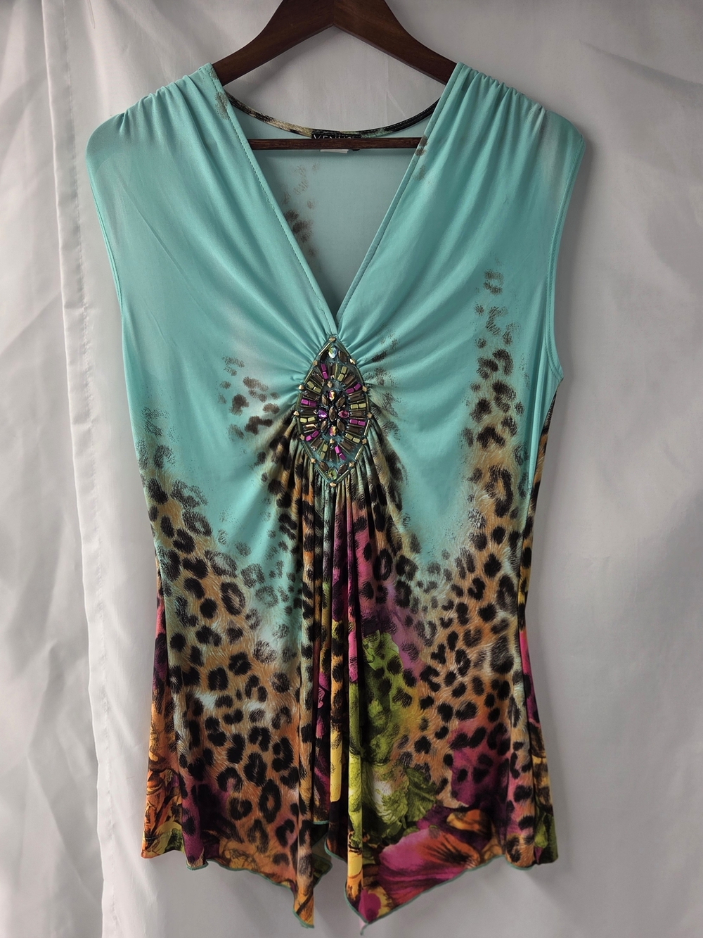 VINTAGE Venus Y2K Turquoise Animal Print Embellished V Neck Tank Top L